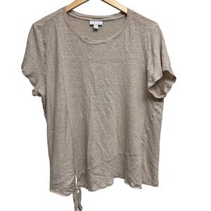 J. Jill Top XL 100% Linen Tie Front Short Sleeve Casual Beige Tan Lagenlook